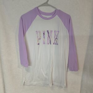 Victoria's Secret PINK Logo Crew Neck Raglan 3/4 Sleeve Knit Tee White/Purple S